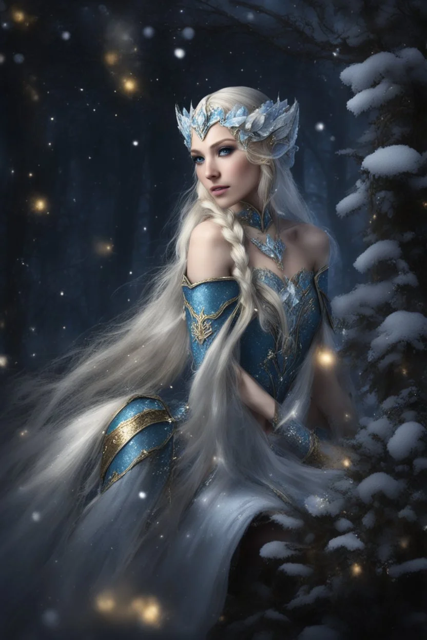 Elven princess,elven crown,long white blonde golden hair,rapunzel hair,ice flowers,beautiful,light blue,dark blue,golden armor,sparkle,glitter,ice flowers,snow,elven ears,dark fairy princess