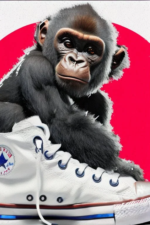 a profile picture of a small gorilla sitting in a p7rple Converse sneaker, like it's a car, comic style