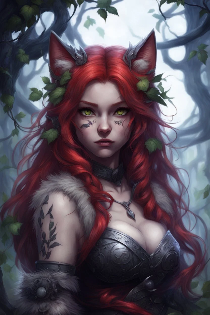 CAT GIRL, FANTASY, VINES, SOULLESS, FLUFFY TAIL, VIKING RED HAIR, METAL