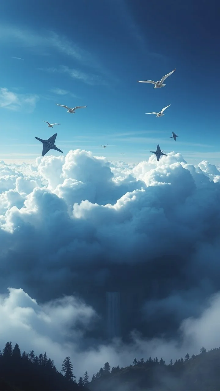 4 Triangle spaceships in the cloud in the background big birds with a lot of dark blue clouds and waterfalls and trees