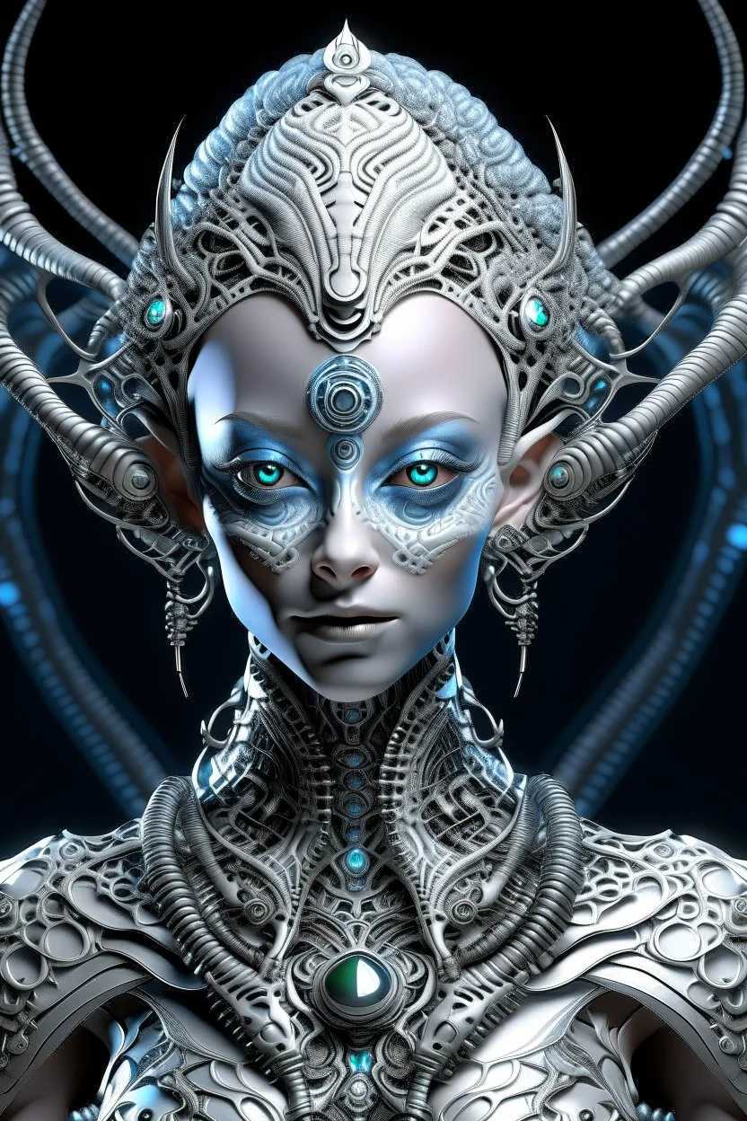 A beautiful alien with big eyes and small nose and mouth wearing a bioluminescense white zafír biomechanical silver metallic diadem hair , wearing biomechanical amalgamation style leather jacket dress ribbed with silver floral metallic filigree biomechanical vantablack pattern, organic bio spinal ribbed detail of gothic winter backround extremely detailed maximalist hyperrealistic portrait art