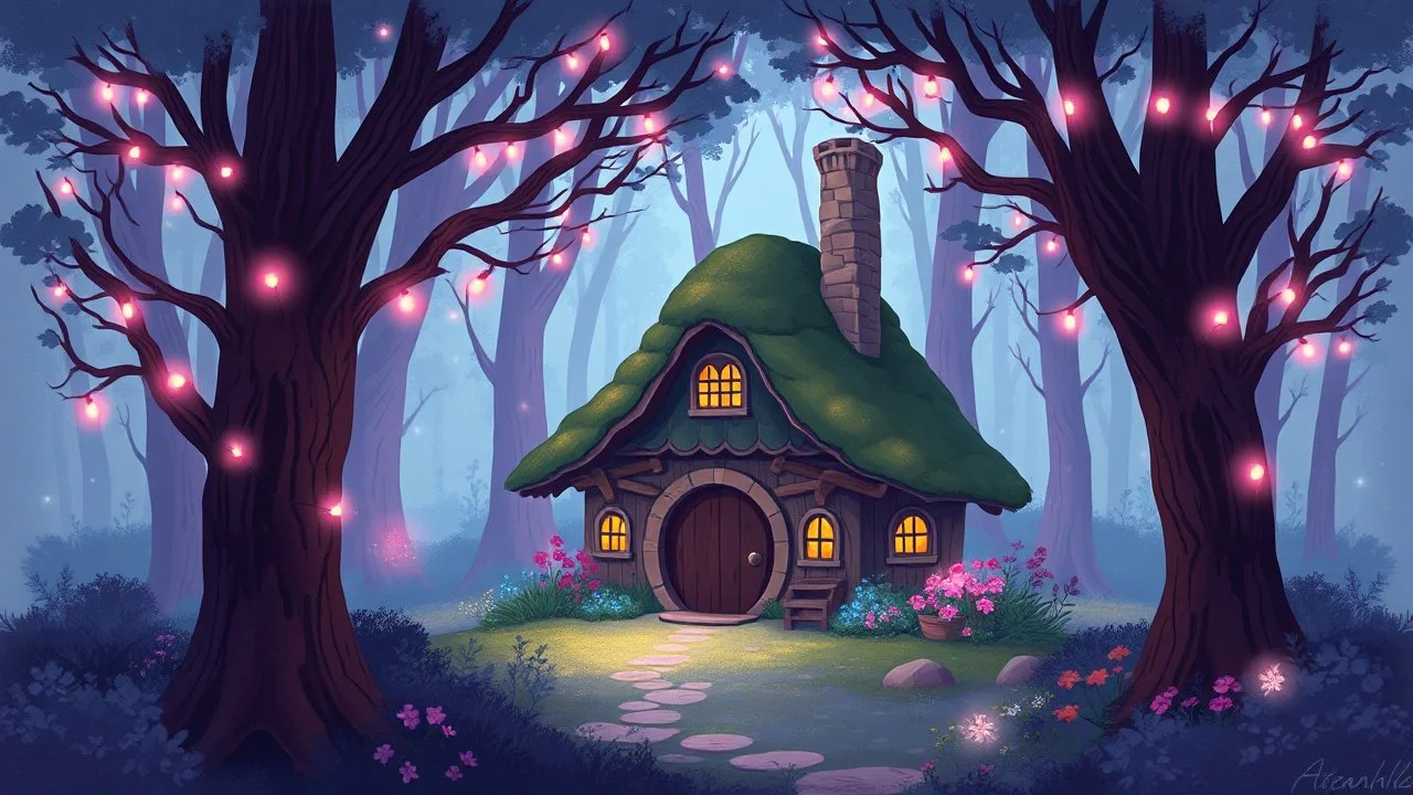 hobbit cottage in the woods surrounded by trees with fairy lights with a whimsical like feel, with pinks, blues, purple colors , illustration