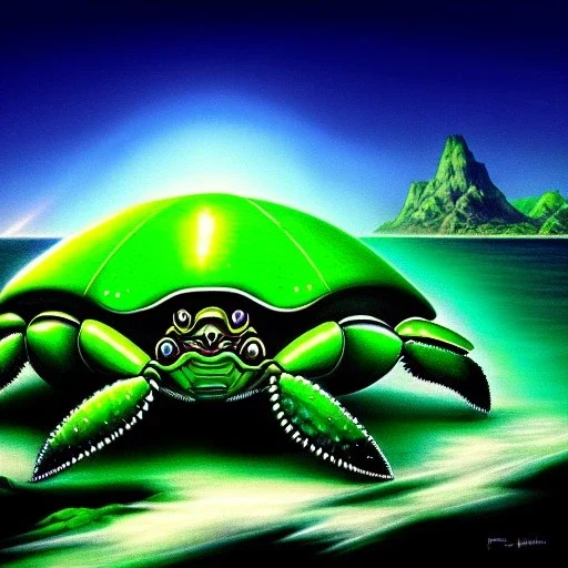 ultra detailed fullbody Drawing of a Cyborg Gigantic Green Crab on the shore ,metal body, open mouth, with sharp teeth, with glowing Green eyes, extremely detailed digital painting, intrincate, extremely detailed face,crystal clear Big eyes, in the style of Frank Frazetta, mystical colors , perfectly centered image, perfect composition, rim light, beautiful lighting, 8k, stunning scene, raytracing