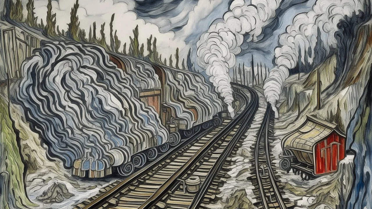 A railway covered in smoke painted by Jean Dubuffet