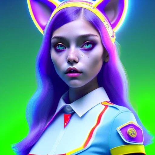 waitress teenager, Caucasian race, cat ears latex headband, rounded face, short hair, spray makeup, striped shirt, vibrant color, highly detailed, gradient background, concept art, smooth, 16 bit, unreal engine 5, god rays, ray tracing, RTX, lumen lighting, ultra detail, volumetric lighting, 3d, finely drawn, high definition, high resolution.