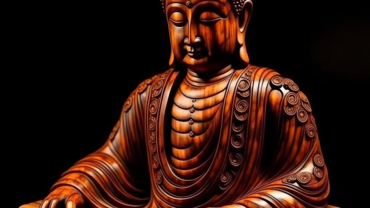 Buddha made of lacquered polished walnut burl and Mahogany, full object, dynamic contrast, depth mapped