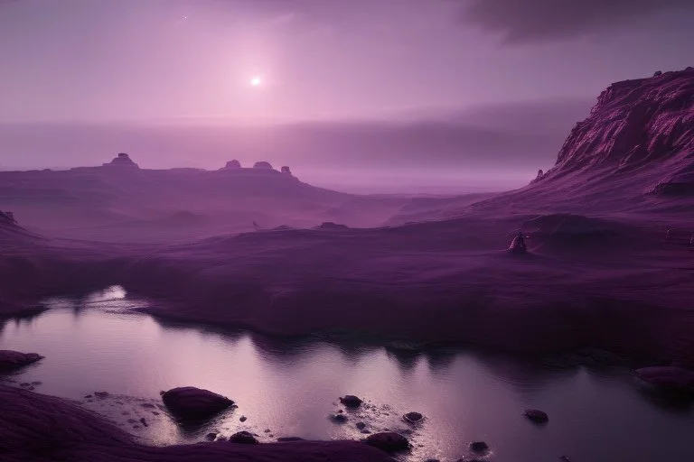 Purple alien sky, rocky river, science fiction landscape