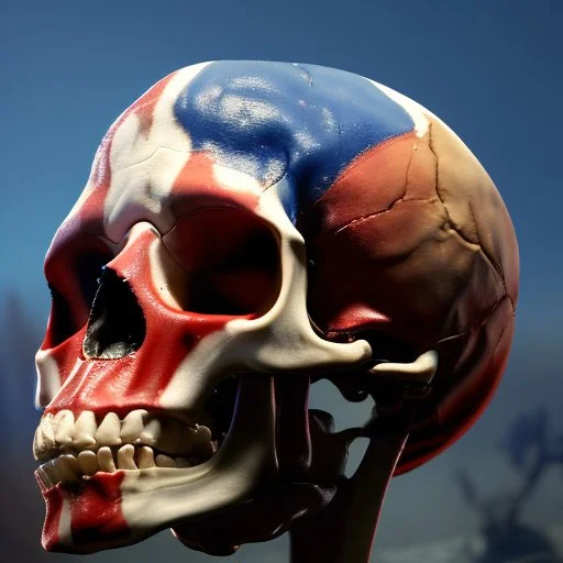 a picture of a dark, comedic, anatomically correct wall of red white and blue tightly packed stacked skulls of varying sizes and expressions, photo realistic, insanely meticulous, highly detailed, part of a collection of bones on display, 64k, dystopian, vray, anatomically correct