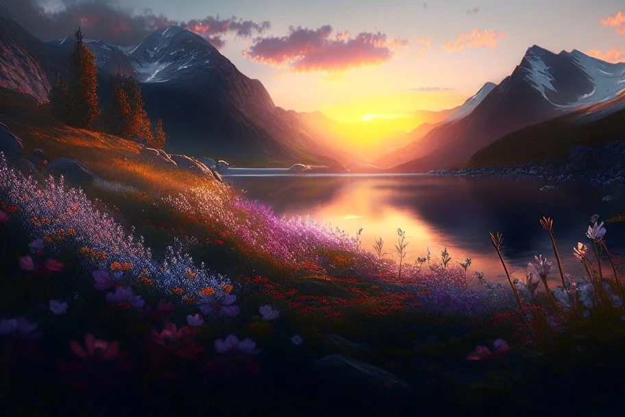 beautiful nature, mountains, fjord, flower meadow, forest, sunset, detail, realism