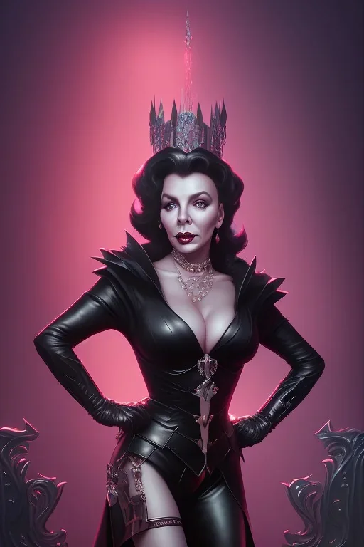 Joan Collins as evil queen in black leather, leather, busty, cleavage, angry, stern look. character design by cory loftis, fenghua zhong, ryohei hase, ismail inceoglu and ruan jia. unreal engine 5, artistic lighting, highly detailed, photorealistic, fantasy