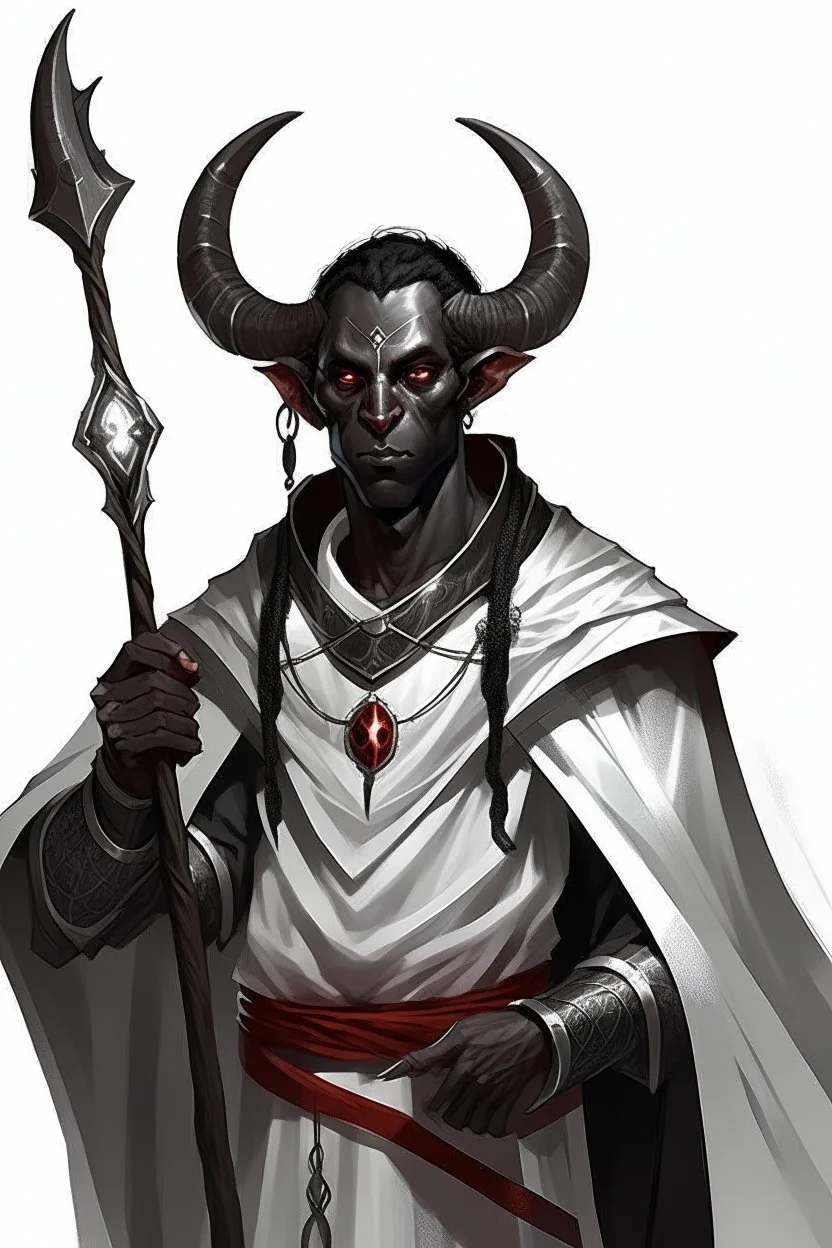 En Young male black skin black hair tiefling Wizard with large horns glowing Silver and White symbols Everywhere on his body. He's wearing silver and White Rope and a silver cloak. His horn a perfectly place on acet from the front to the back pointing upwards with glowing Red cat Eyes holding a quarterstaff. His close is elegant get simple his horns Are Same size