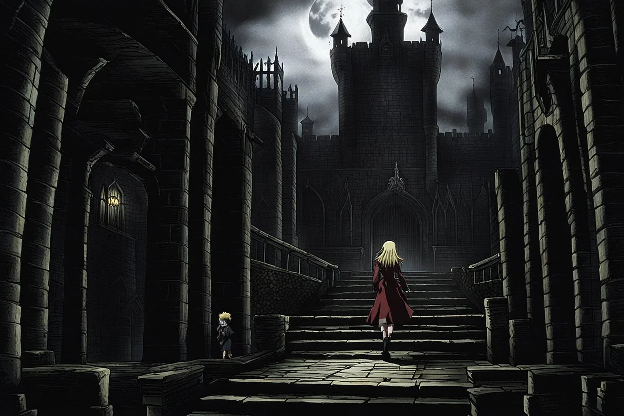 Still frame from the "Hellsing" movie based on the anime of the same name. The scene is of a young Allegra escaping her uncle in the dungeon below the manor.