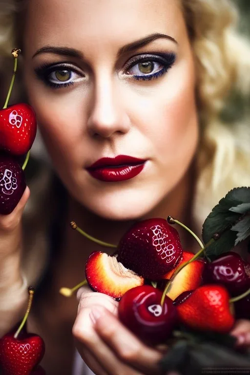 retrato de senhora,pintura,detalhes,textura,qualidade 8k,olhos castanhos,sardas,loira,perigoso,lúdico,montanhas,natureza,flores,fogo,cereja,morango,pêssego,estilo de rua,moda dos anos 80,retro, clássico, casual, rainha Catarina, resumo,