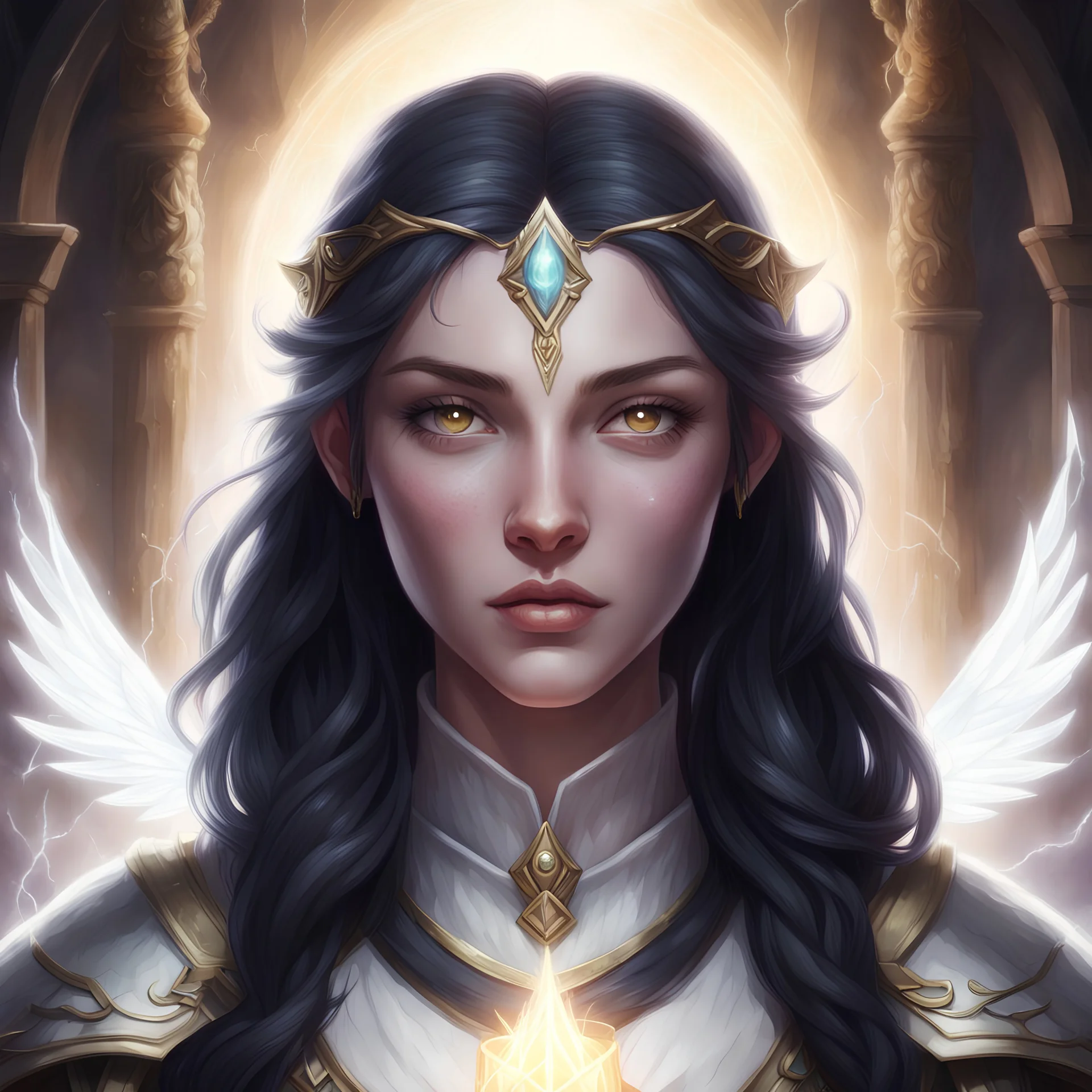Generate a dungeons and dragons character portrait of the face of a female cleric of peace aasimar with pale skin blessed by the goddess Selune. She has black hair and glowing eyes and is surrounded by holy light