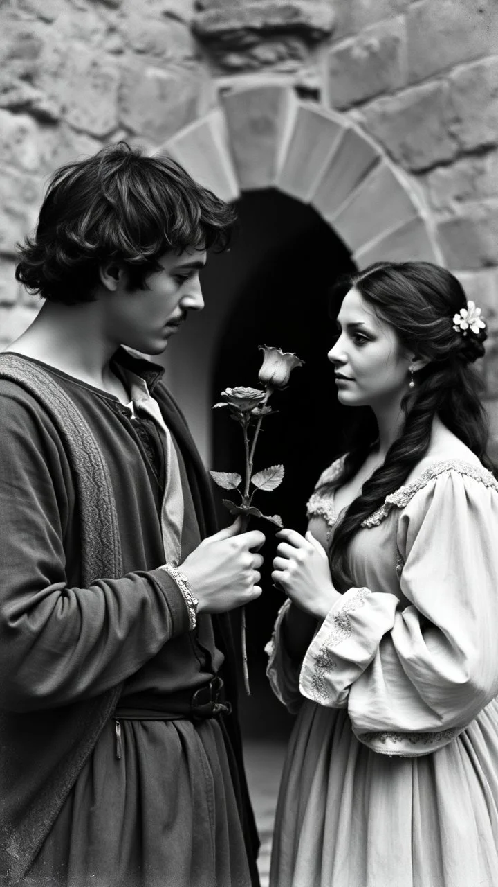 An old picture style of black and white mono very bad quality looks very old camera picture of Romeo is giving a rose to Juliet both dress year 1700