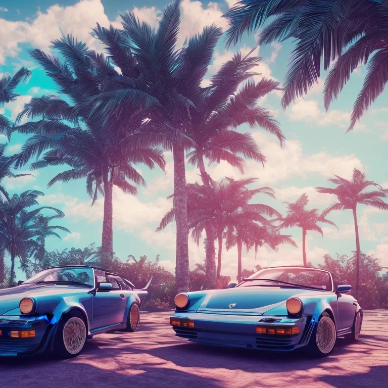 1980's aesthetic vaporwave palm trees and spheres and Porsche with lightning