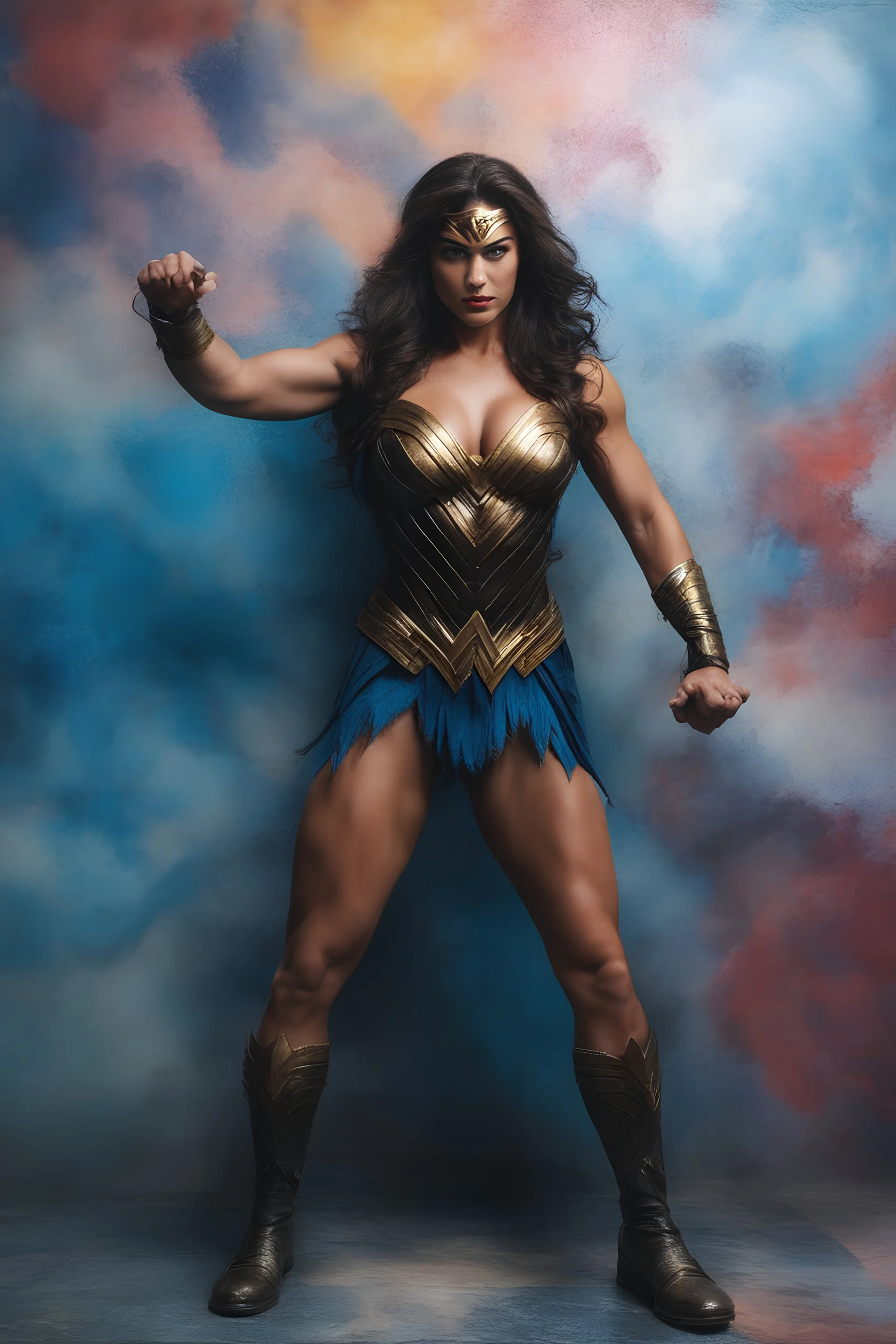 wonder woman extremely huge, overexaggerated muscles, posing and flexing in a front of the camera, random extreme action poses, an extremely colorful, multicolored foggy blue marble wall in the background with a colorful marble tile floor, multicolored lightning, realism engine,