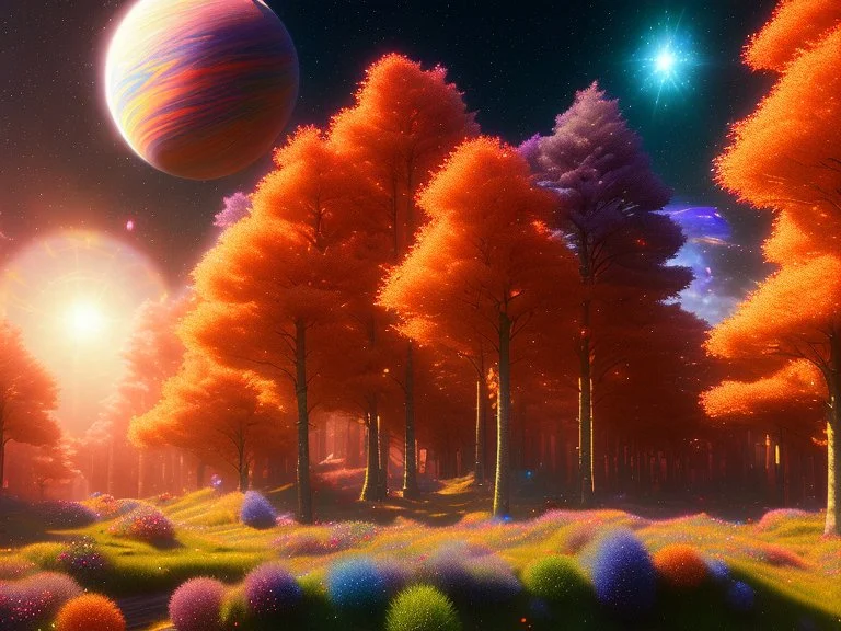 orange and blue crystal cosmic and galactic ambiance hill sky sunny trees , full of details, smooth, bright sunshine，soft light atmosphere, light effect，vaporwave colorful, concept art, smooth, extremely sharp detail, finely tuned detail, ultra high definition, 8 k, unreal engine 5, ultra sharp focus