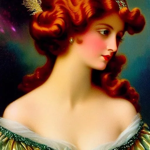 Young maggie rizer, meticulously detailed face, meticulously detailed multi-hued long red hair; ethereal fantasy. Maxfield Parrish. realistic oil painting. Victorian era, glitter, luminous color sparkles, old fashioned, vintage, antique, beautiful, renaissance, 16k