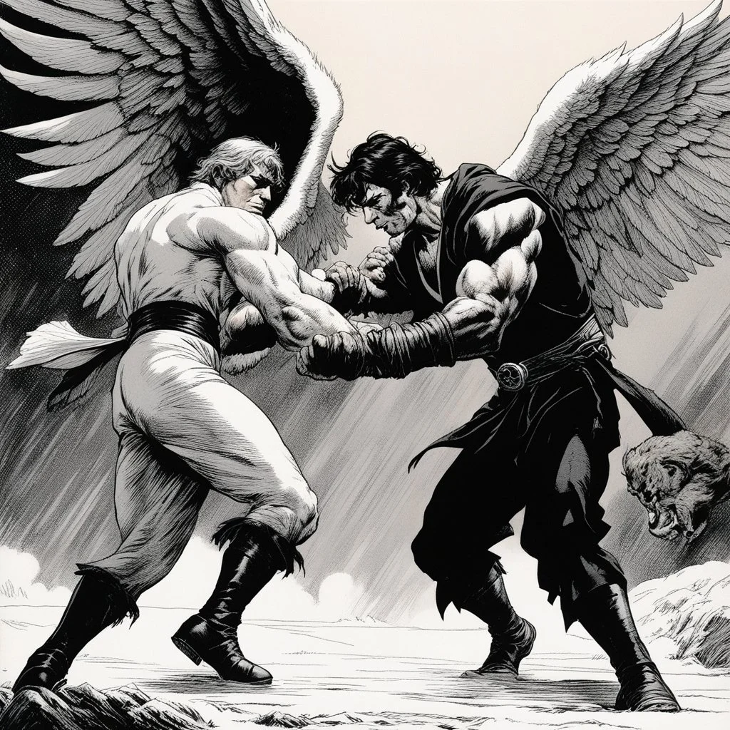 [comic book art by Sam Keith and Bernie Wrightson] Jacob wrestling with angel
