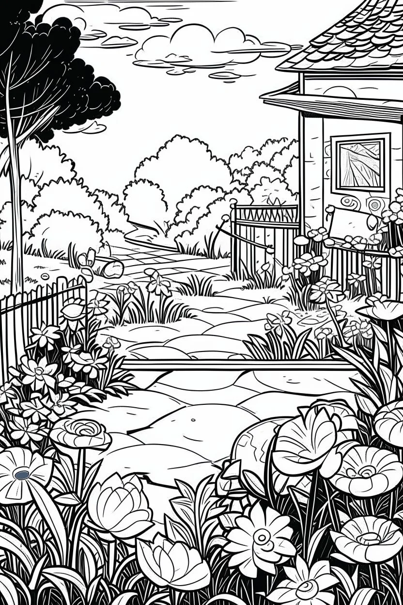 Outline art, sneak in the garden, cartoon style, black and white, low detail, --ar 9:11