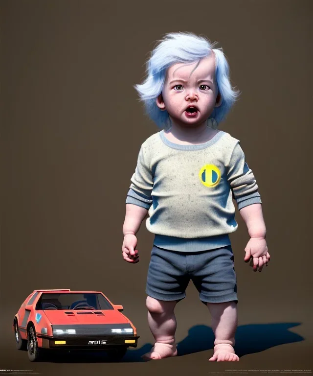 cratus toddler, full body, delorean, dramatic lighting, hyper realistic