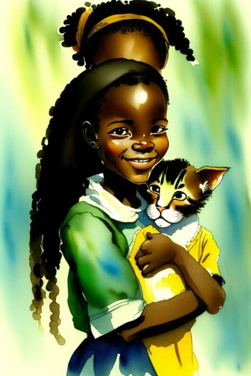 A cute smiling african girl is holding a kitten. Watercolour