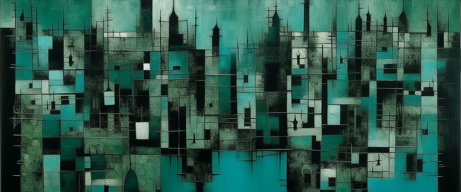 A blackish teal realm with copied mirrors painted by Paul Klee