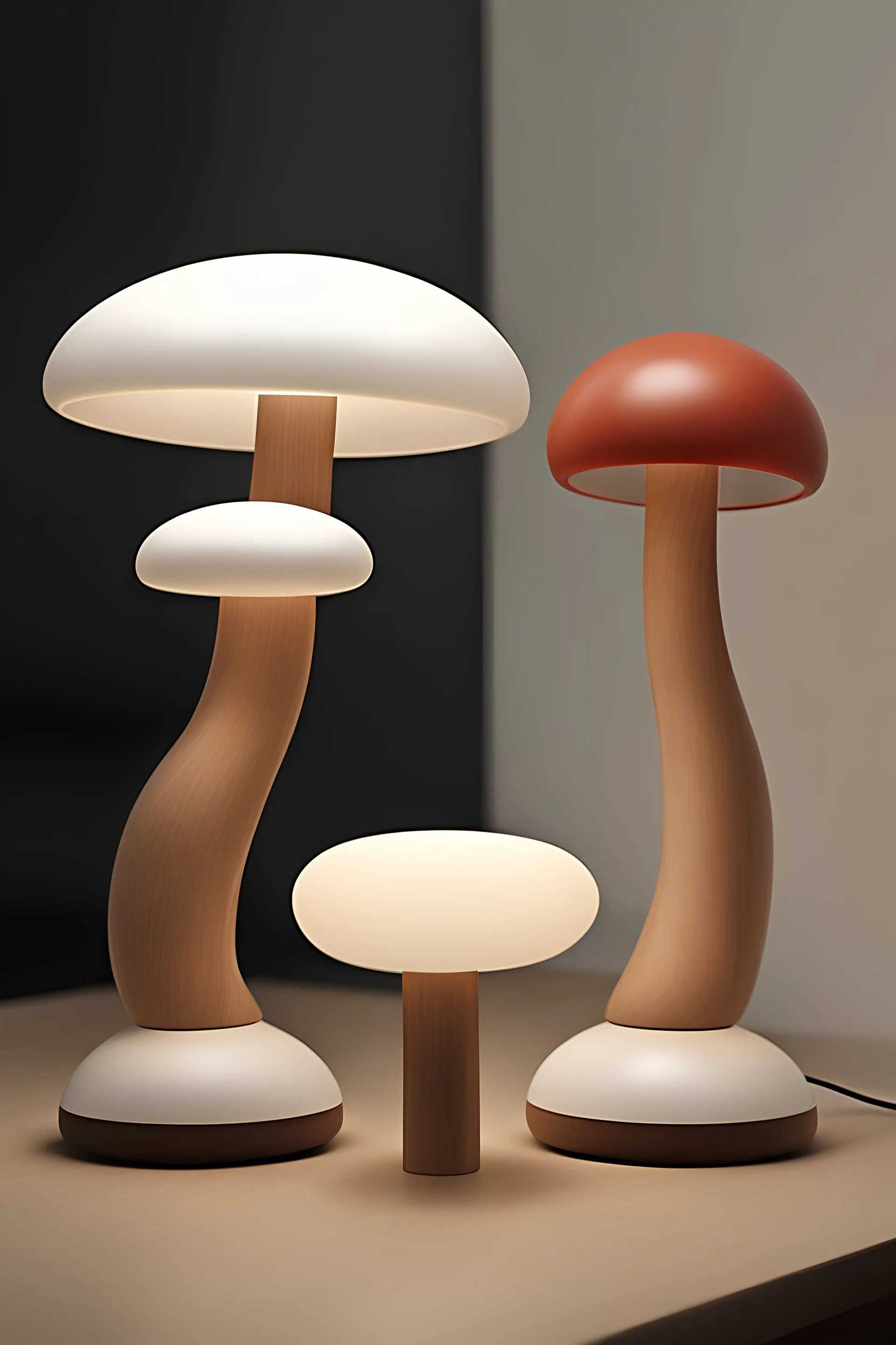 table lamp philips inspired by mushroom , aesthetic modern style design , wood material , plastic material ,futuristic design,.minimalist , vintage,industrial design