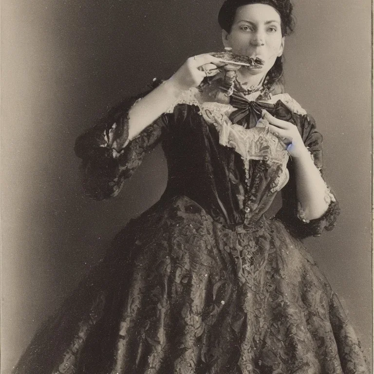 Portrait of a lady in Victorian dress eating a Mars bar