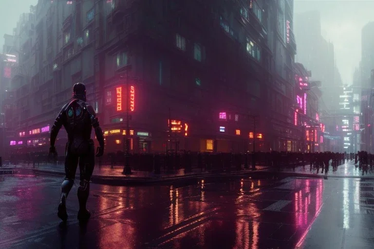 3D, beautiful, light reflecting, empty future city at night, rainy night, neon, cyberpunk, tron, one cyborg walking, 8k, finely detailed, photo realistic