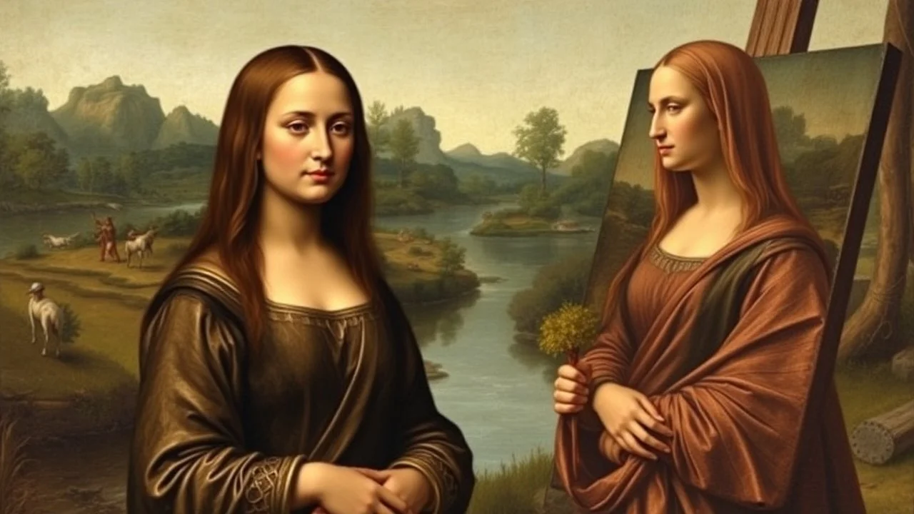 past times Great Leonardo da Vinci is trying to paint his art of monalisa painting and she is standing as model near him, in country side with a river