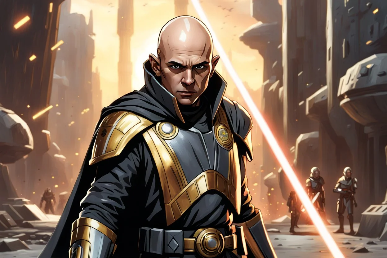 star wars bald male corellian jedi pilot wearing black and gunmetal grey old republic armored robes with gold trim, alone, battle-ready Jedi Master defending a ruined ancient city surrounded by golden light, centered head and shoulders portrait, hyperdetailed, dynamic lighting, hyperdetailed background, 8k resolution, volumetric lighting, light skin, fully symmetric details