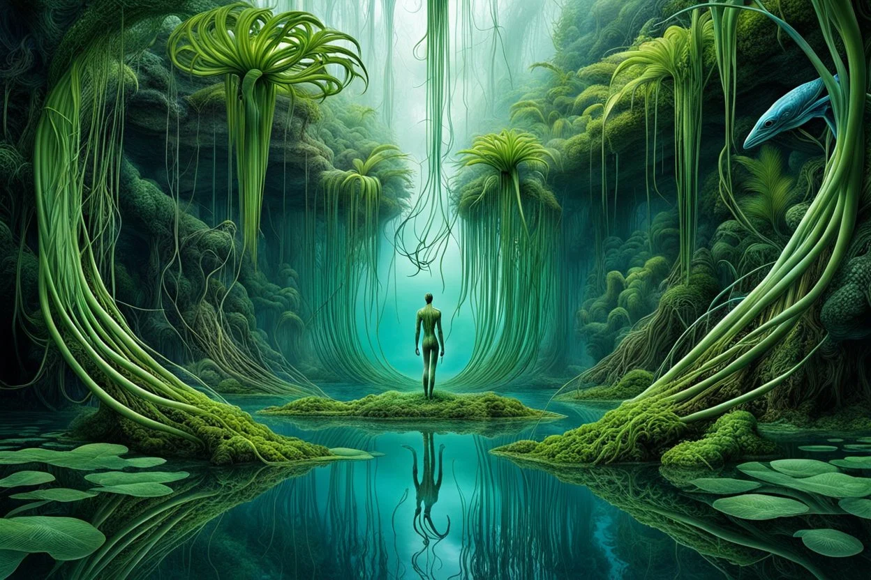 Ecological Art, plants, floating earths, long leaf tendrils, green colors and shades, blue waters, mitical human-plants mutant ecocreatures living fascinating in stunning alien flora, intricate details, sharp focus, filmy , surreal, frighteningly beautiful, perfect stunning composition