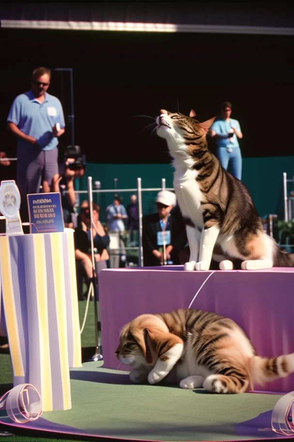 1990 dog show realistic (film Color Mission 200::10) photo disposable camera with a cat that has half a body of a blue ocean whale winning first prize