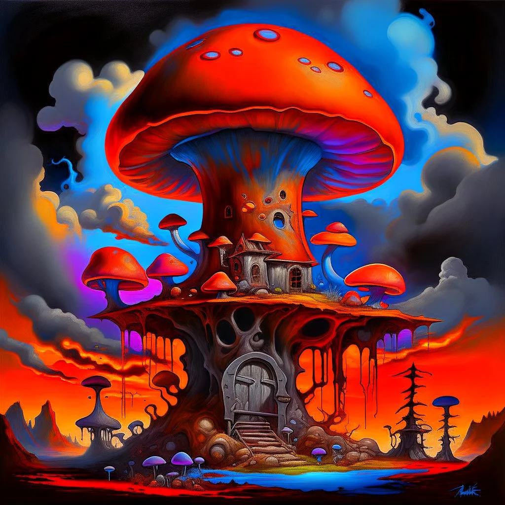 A fantabulous black, blue and orange (((mushroom tower house))) erected atop a (geologic pillar), surrounded by the uncanny imaginative ((( swirling skies))), offset by the stark hues of a (neon-tinged nebulous space scape), within. captured by the hand a skilled master painter with a focus on (softly blurred compositions and voluminous lighting).