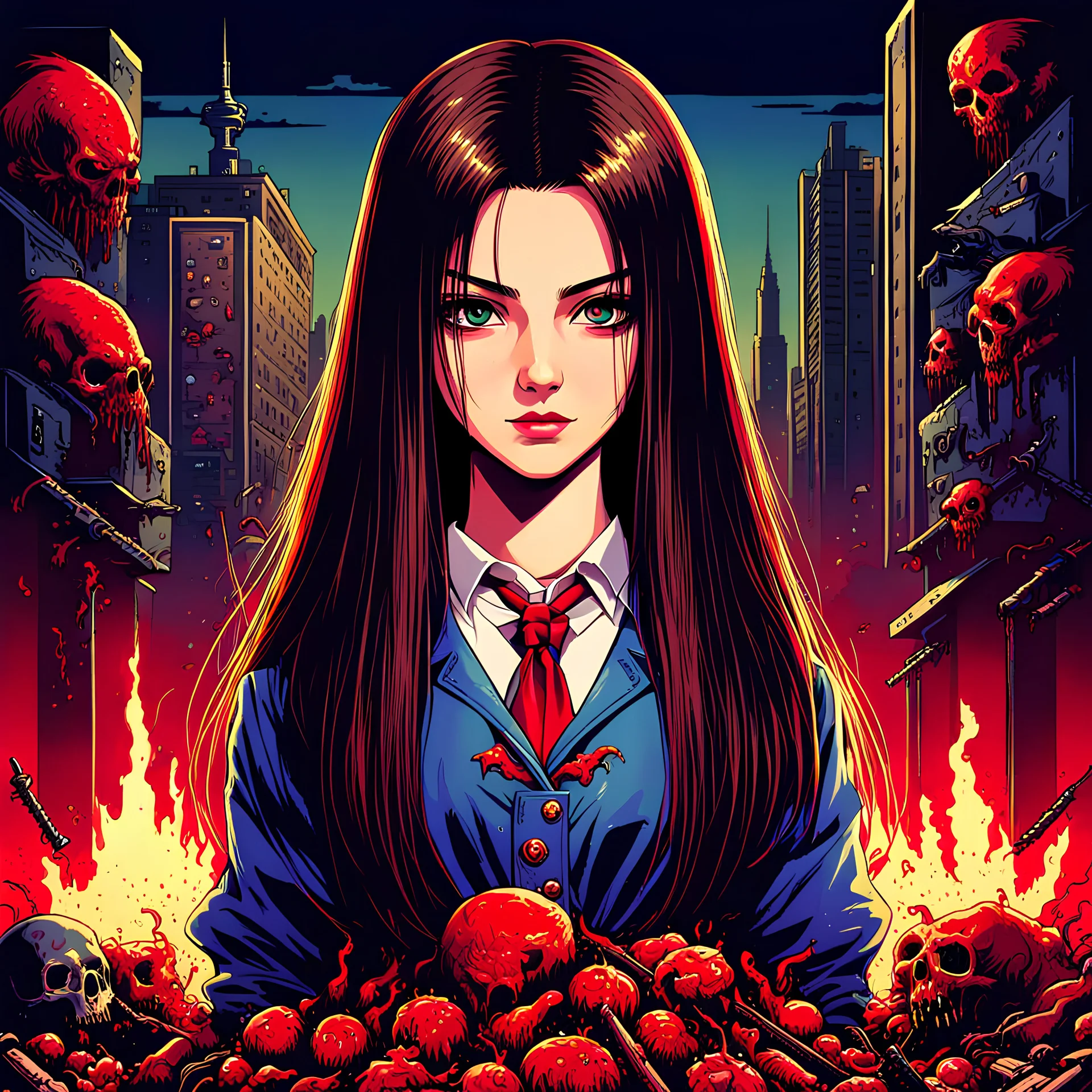 2dcg,retro 16-bit art style,gore,violence,cute straight long hair lady,Decapitation,dismemberment,disturbing,Monster,guts,morbid,mutilation,sacrifice,butchery,meathooks