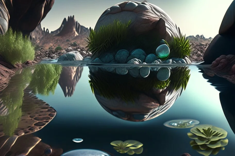 exoplanet, water reflection, rocks, vegetation, photography, hyperrealism, hd.