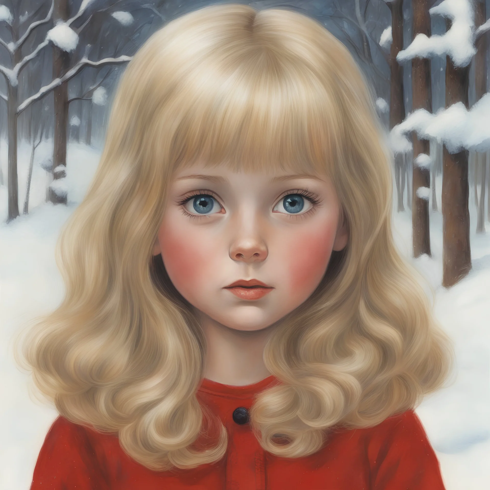 1970s, blond Little girl si in red, long hair parted in the middle, in rhe snow, in the style of Margaret Keane