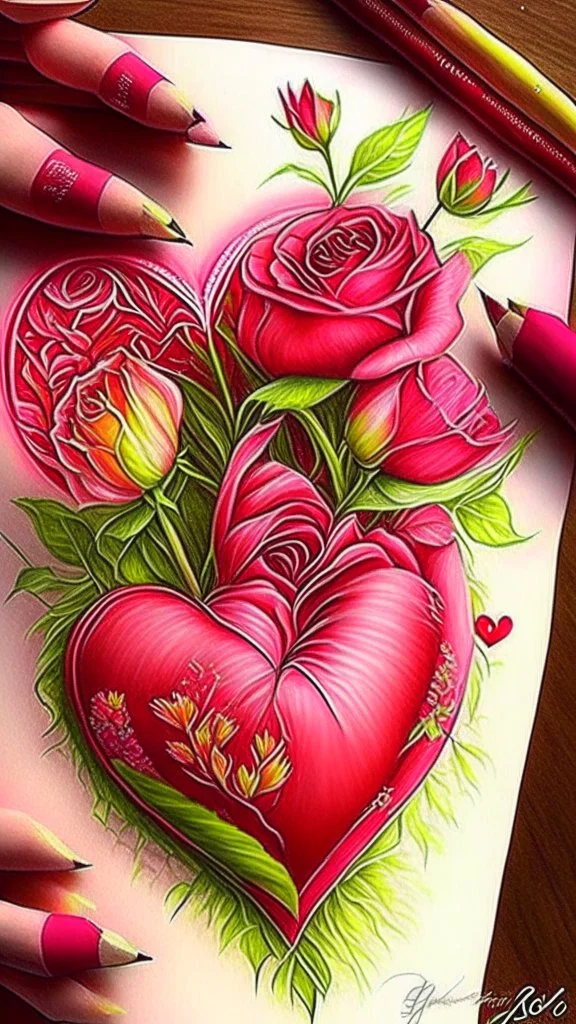 Valentines day, love, art, drawing, very realistic, detailed, vibrant colors.