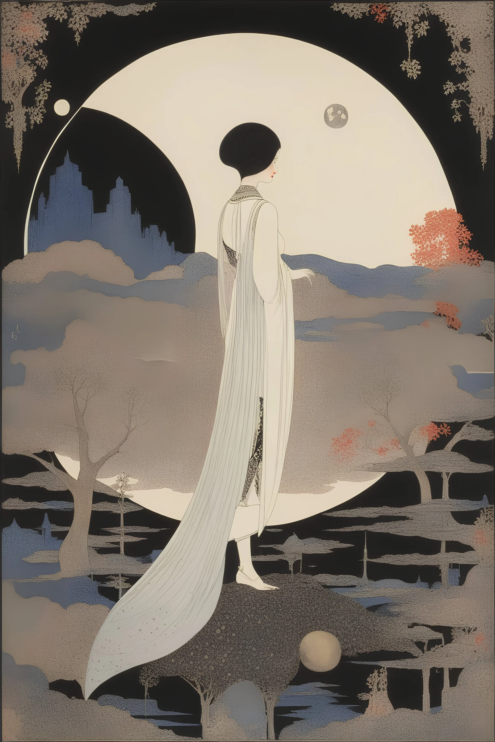 Kay Nielsen, Joan Miró, Surreal, mysterious, strange, fantastical, fantasy, Sci-fi, Japanese anime, miniskirt beautiful girl putting a full moon in her trunk, perfect voluminous body, detailed masterpiece