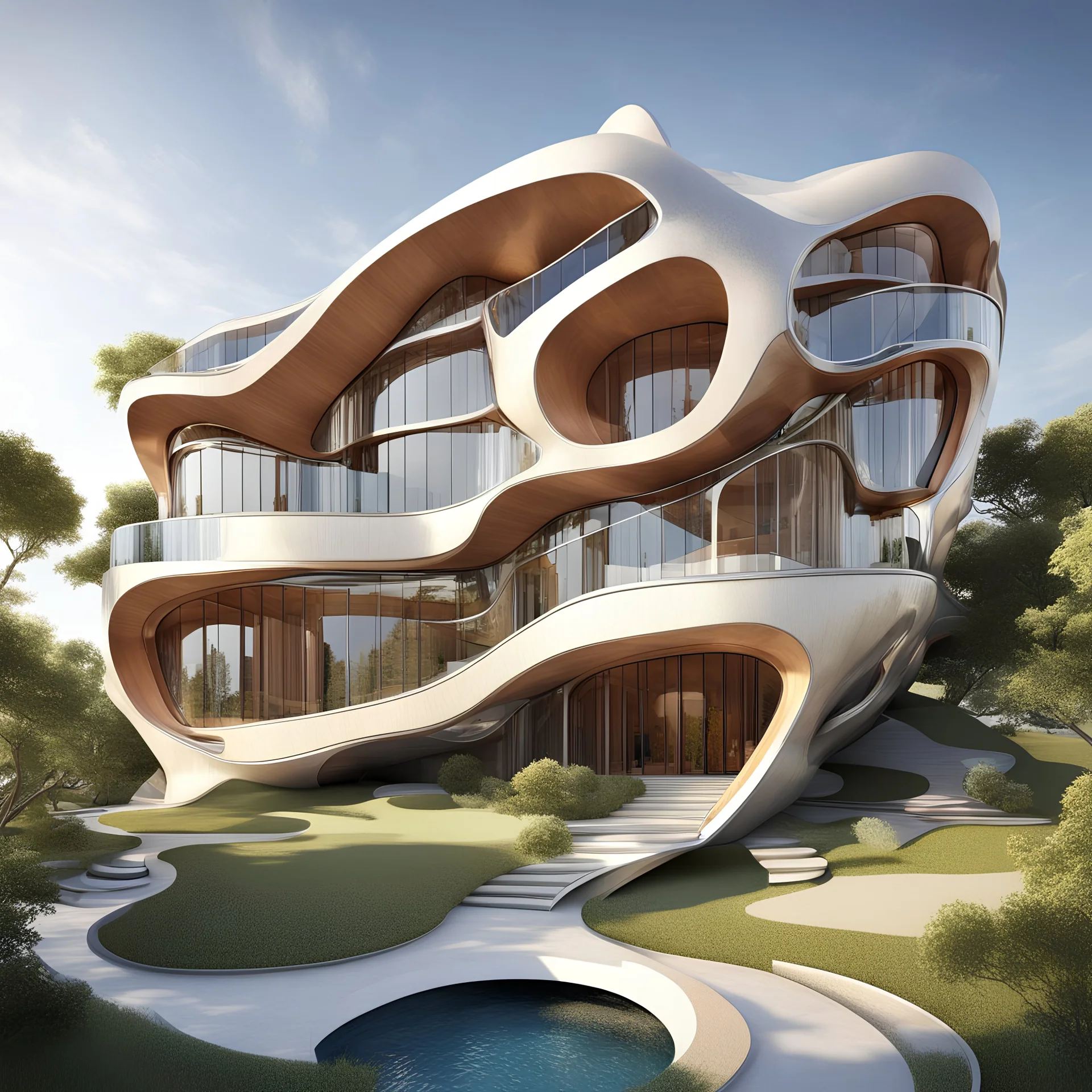 mansion shaped like a guitar, musical elements and textures, by Victor Enrich and Toyo Ito, photorealistic, rambling design, multi-level, multi-wing, dramatic stunning architecture, 3d Octane Render, surreal architecture, natural lighting, Abstract colorful bizarro