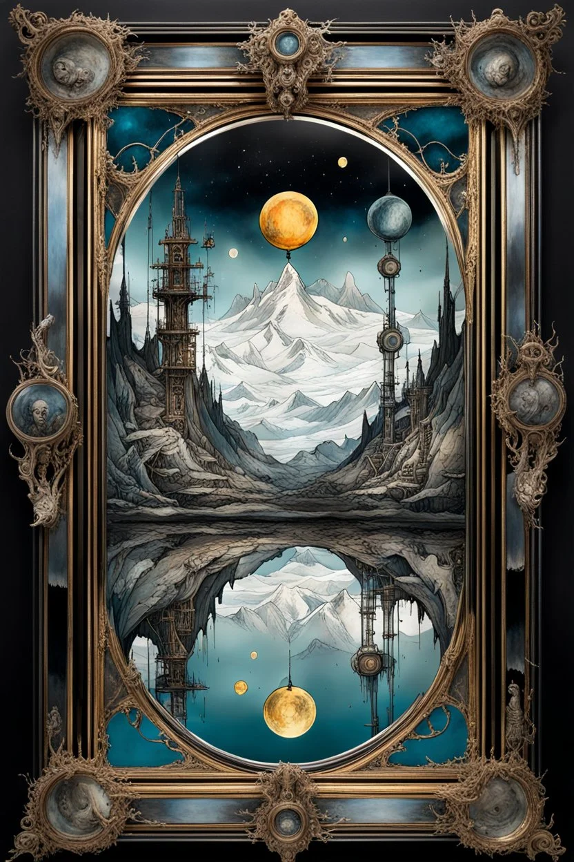 full monn reflections in big antique brocken mirror, mixed media portrayal blending Quentin Blake's whimsy with El Kazovszkij's dystopian surrealism, thryller and Raymond Swanland's dynamic artistry, encased in a quadratura-style frame reminiscent of Caldecott's narrative illustration, set against a dark fantasy and steampunk backdrop by Abigail Penner