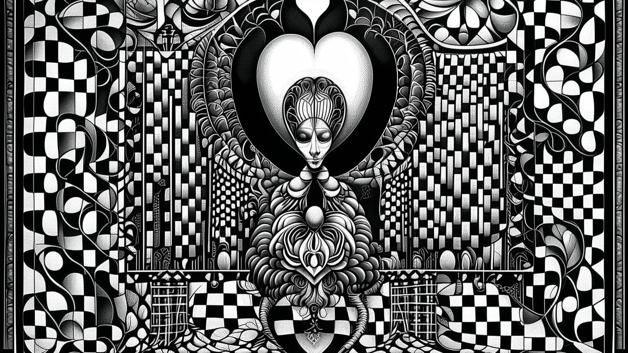 Human body containing symmetrical grid patterns, psychedelic frame melting an eyeball merging into a love heart dripping from Coogi pattern frame, dream ripple dimension, fluorescent geometric clouds, dense jungle merging into the ground, black and white checkerboard patterns by Maurits Cornelis Escher