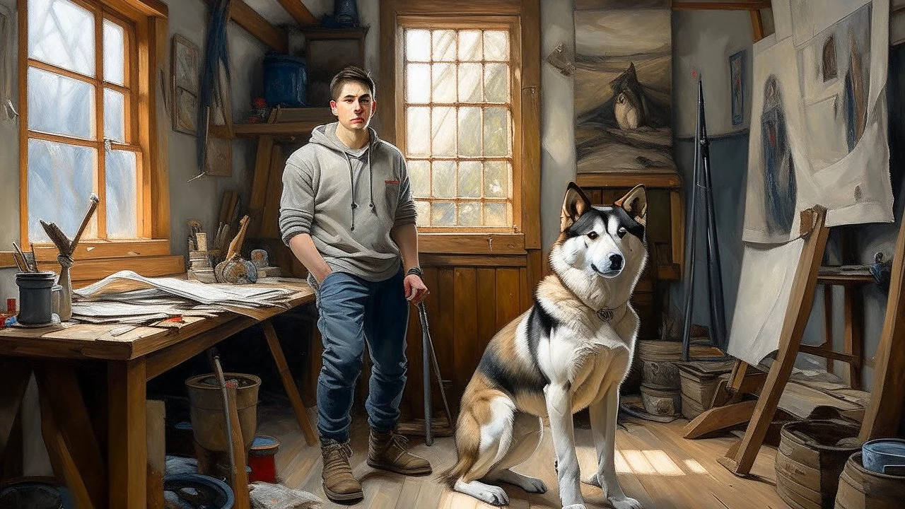 A captivating oil painting that captures the essence of a cozy studio adorned with light-wood walls and black-framed windows. A loyal husky with striking heterochromatic eyes stands proudly beside its owner, who is simultaneously holding a roll of sketches and a paintbrush. The owner's gaze is focused on the unfinished painting, which showcases their creative process. The painting exudes warmth and serenity, with soft, velvety textures and a harmonious color palette., painting