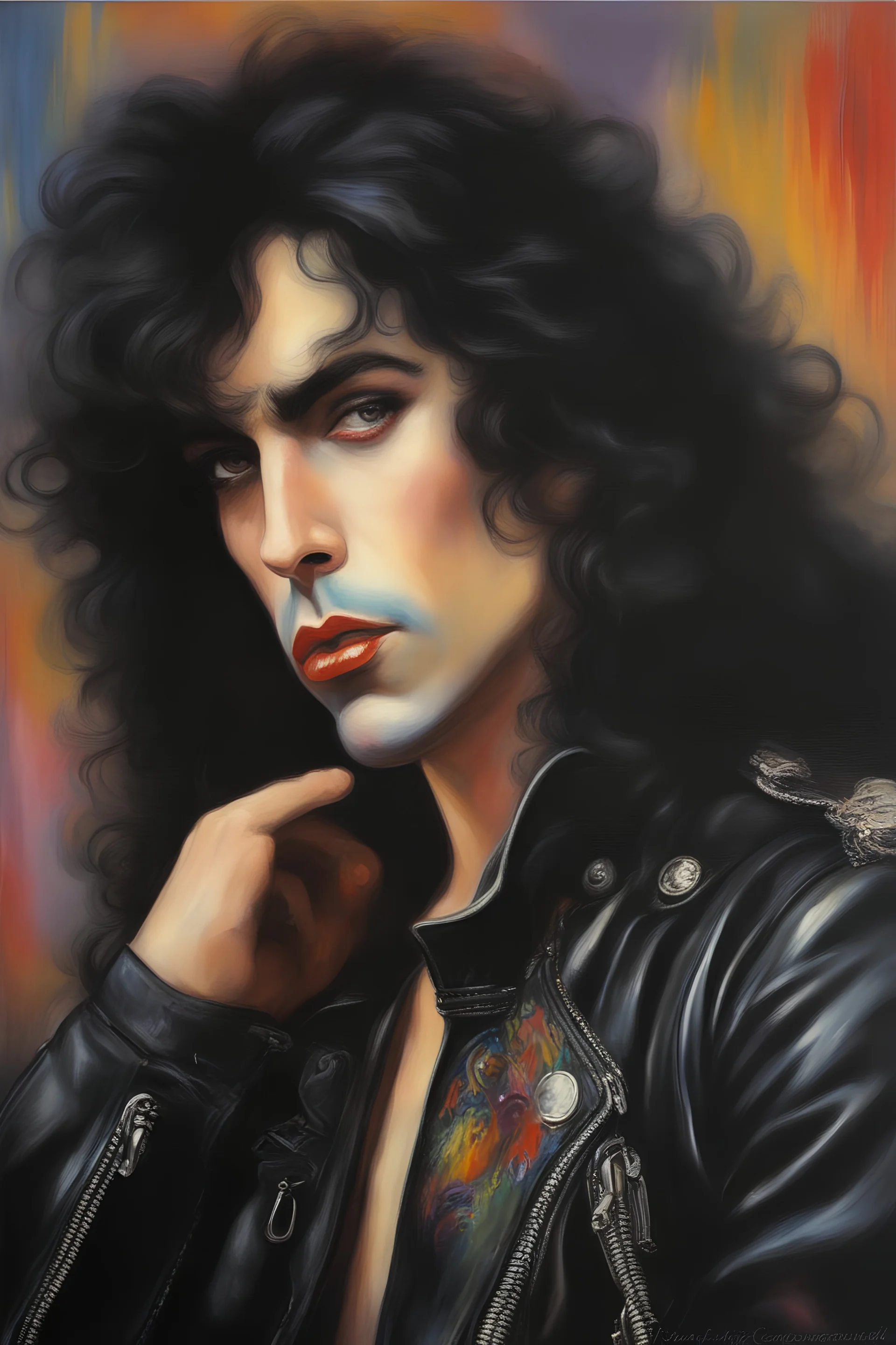 oil painting, text "KISS" - facial portrait with makeup - 20-year-old Paul Stanley with long, wavy curly black 1980's style big hair, wearing a black leather jacket, extremely colorful, multicolored watercolor stained wall in the background - in the art style of Boris Vallejo, Frank Frazetta, Julie bell, Caravaggio, Rembrandt, Michelangelo, Picasso, Gilbert Stuart, Gerald Brom, Thomas Kinkade, Neal Adams - explosions, flames, fog, clouds, dust,