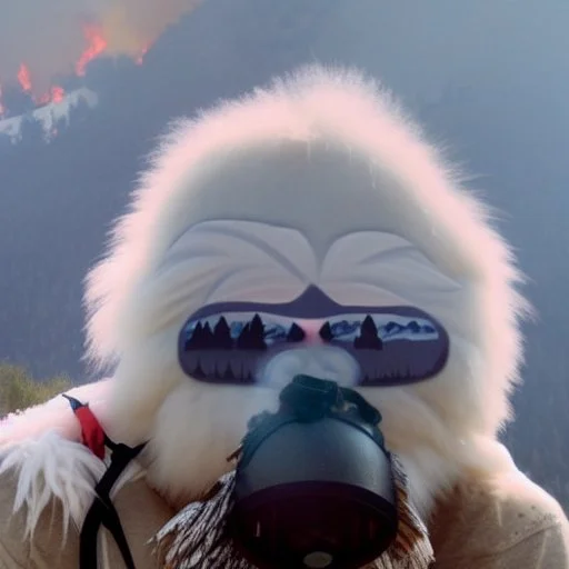 subject = (Yeti in a mask) background = (wildfires, mountains, fires, smoke, disaster)