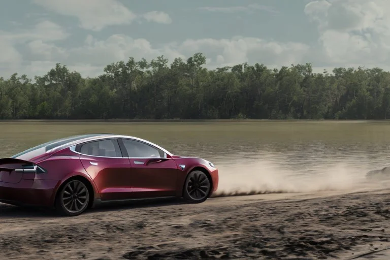 A Tesla 'Model S' is racing at top speed, at the Wetlands of Louisiana. (CINEMATIC, WIDE ANGLE LENS, PHOTO REAL)