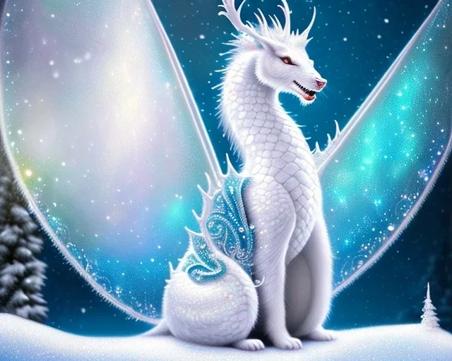 mdjrny-v4 style, a white dragon with fairy-like transparent glowing and sparkly wings standing in snow, full body, silver and teal background, glowing soft and smooth wings, realistic, highly detailed intricately detailed, shiny snowy background, soft studio lighting, trending on artstation, by artist "Julie Bell", by artist "Greg Rutkowski"