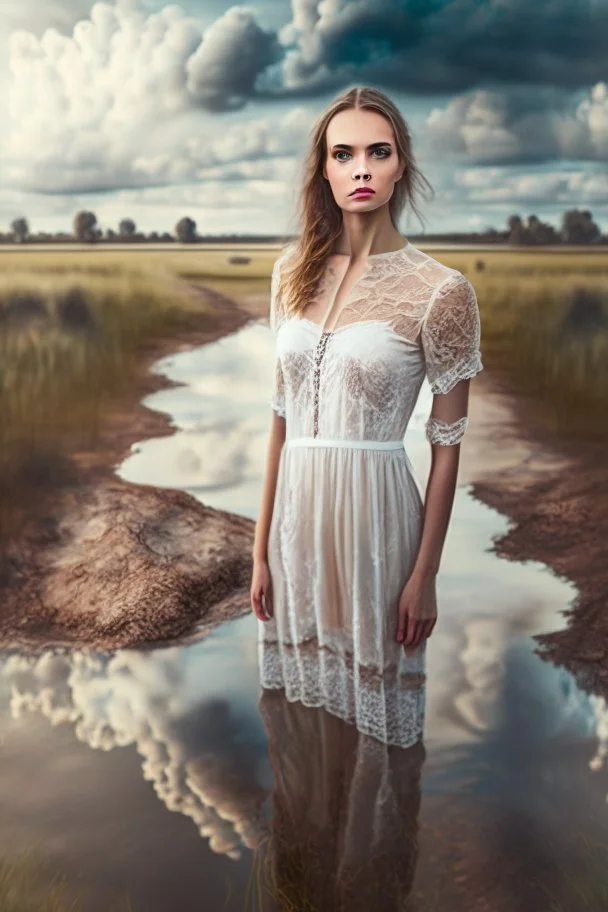 full body shot of a pretty woman, dressed lace top, full body portrait, nice perfect face with perfect face, hyper realistic concept, 8k resolution, photography quality, posing for a photo, photo realistic, standing in country side with a small river sands seen trough water,nice cloudy sky ,sharp focus back ground and foreground